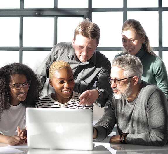 a team collaborating happily